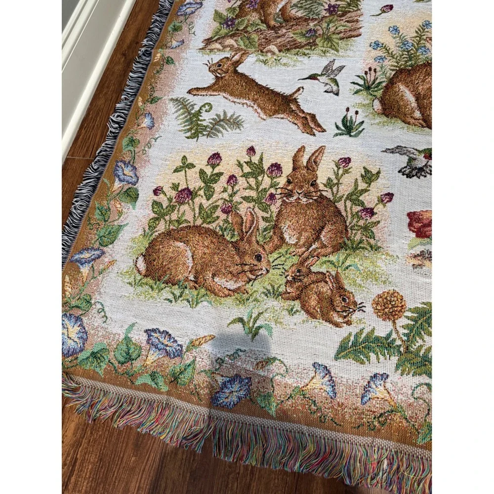 Crown Crafts Woven Tapestry Throw Blanket Rabbit Hummingbird Floral Made in USA